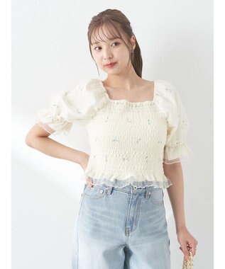 earth music&ecology フラワー刺繍ブラウス White