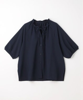 ANY 楽映えフリルネックブラウス（セットアップ着用可） ネイビー