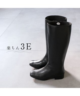 Pointer 本革ローヒール スクエアトゥロングブーツ ブラック