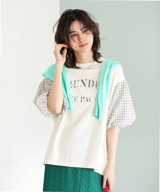 Green Parks チェックバルーンスリーブロゴチュニック Ecru