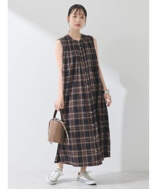 earth music&ecology 綿ＰＵクレープワンピース（ｃｈｅｃｋ柄） Brown