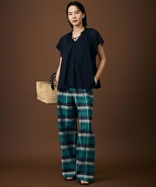 自由区 【SHIHOさん着用・セットアップ対応】コットンリネンチェックワイドストレート パンツ グリーン×ネイビー系