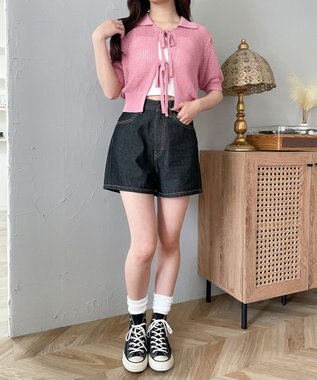 WEGO 襟付きリボンメッシュショートカーデ ピンク