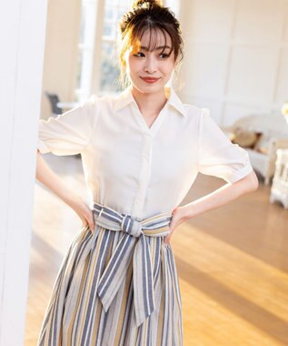 Tiaclasse 【洗える】小顔効果も叶えるスキッパーシャツワンピース イエローストライプ