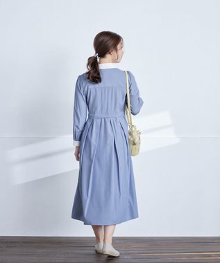 Tiaclasse L 【洗える】パール釦フレアシャツワンピース サックスストライプ