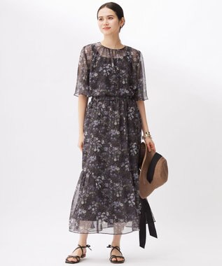 自由区 【セットアップ対応・洗える】ボタニカルフラワープリントティアード スカート セピア系