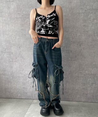 WEGO 【カップ付きインナー】グラフィックリブキャミソール ブラック