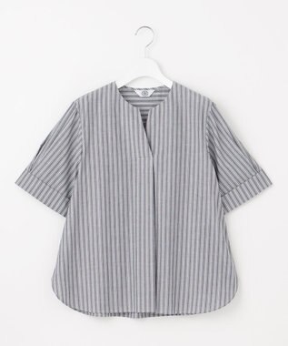 J.PRESS LADIES 【洗える】BEZ 空羽ストライプ クルーネック ブラウス ネイビー系