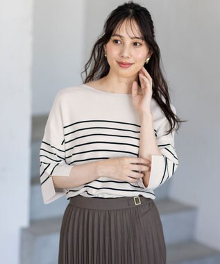 ANY SIS 【接触冷感・UVカット・洗える】ビューティクールボートネック プルオーバー ライトベージュ×ブラック