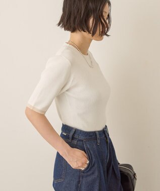 AMERICAN HOLIC 袖口バイカラー半袖ニットプルオーバー Off White