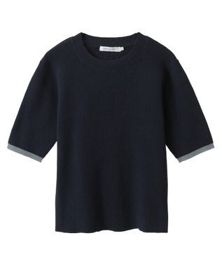 AMERICAN HOLIC 袖口バイカラー半袖ニットプルオーバー Navy