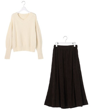 ANY SIS 【2SET】フェザー ニット × フロッキー スカート アイボリー×ブラウン
