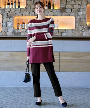 Tiaclasse L 【洗える】マルチボーダーニットチュニック ボルドー