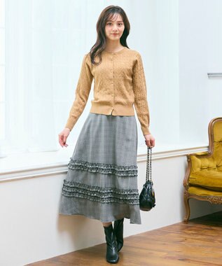 Feroux ケーブル編み×リボン刺繍 ニット カーディガン キャメル系