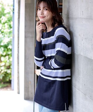 Tiaclasse L 【洗える】マルチボーダーニットチュニック ネイビー