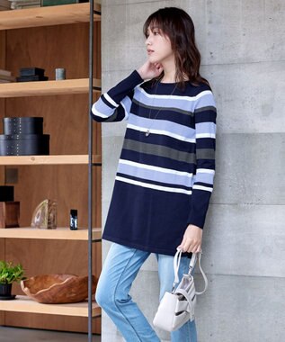 Tiaclasse L 【洗える】マルチボーダーニットチュニック ネイビー