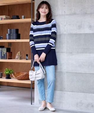 Tiaclasse L 【洗える】マルチボーダーニットチュニック ネイビー