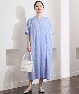 自由区 【接触冷感・UVケア・抗菌防臭・洗える】リヨセルポプリンシャツ ワンピース [新色]サックス×オフストライプ
