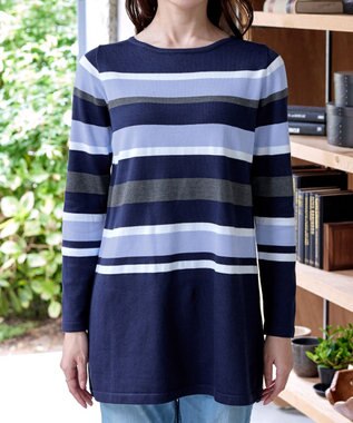 Tiaclasse L 【洗える】マルチボーダーニットチュニック ネイビー