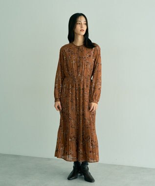 YECCA VECCA ヴィンテージフラワー柄プリーツワンピース Orange