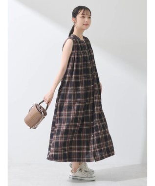 earth music&ecology 綿ＰＵクレープワンピース（ｃｈｅｃｋ柄） Brown