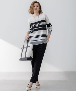 23区 L 【洗える】コットンポリエステルストレッチ オーバーサイズ ニット オフ×ブラック