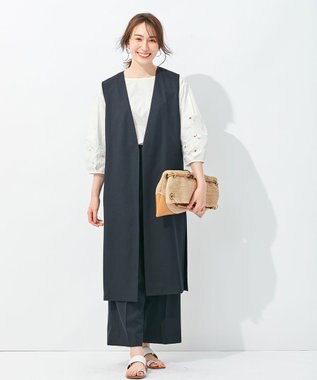 自由区 【接触冷感・速乾・UVカット・撥水・防シワ】リネンライクツイル ロングジレ ネイビー系