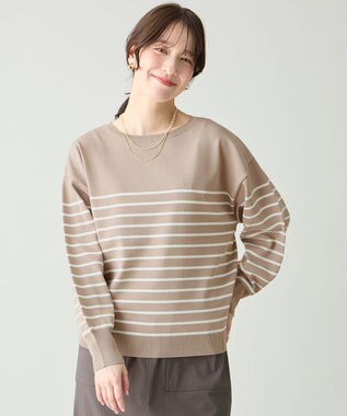 ANY スプリングカラーニットドルマンプルオーバー ベージュ×オフボーダー