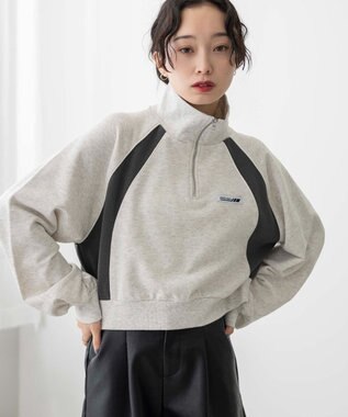 WEGO パイピング切替ショートハーフZIPスウェット 杢グレー