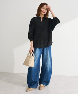 Green Parks シアーチェック７分袖シャツ Black