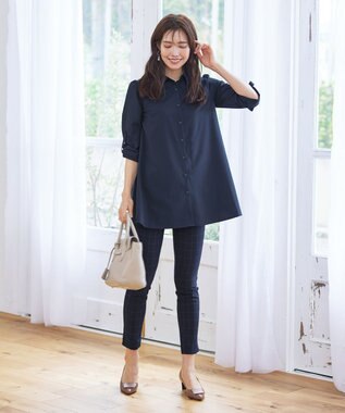 Tiaclasse 【洗える】フレアシャツチュニックブラウス ネイビー