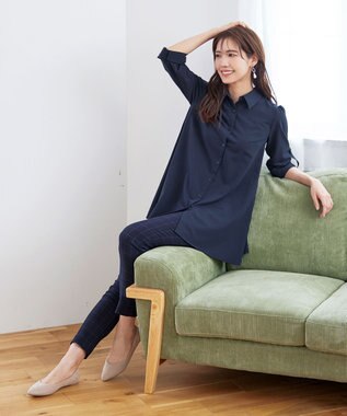 Tiaclasse 【洗える】フレアシャツチュニックブラウス ネイビー