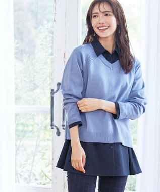 Tiaclasse 【洗える】フレアシャツチュニックブラウス ネイビー