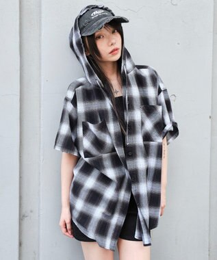 WEGO フードチェックBIGシャツ（S） ブラック