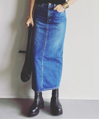 woadblue ＜坪田あさみさんコラボ＞コットン100％I LINE DENIM SKIRT  Iライン デニムスカート MIDBLUE