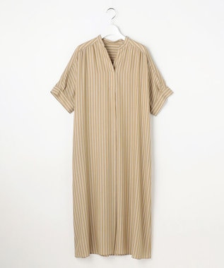 自由区 【接触冷感・UVケア・抗菌防臭・洗える】リヨセルポプリンシャツ ワンピース [新色]カーキ×オフストライプ