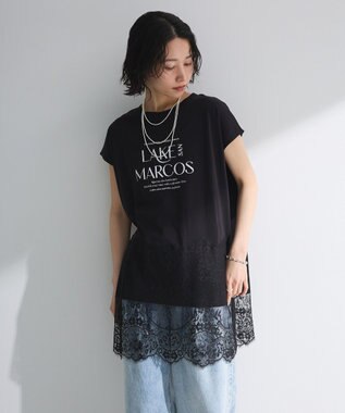 Green Parks フレンチスリーブ裾レースロゴチュニック Black