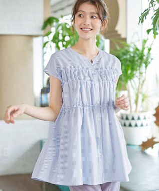 Tiaclasse L フリルティアードチュニック オフストライプ