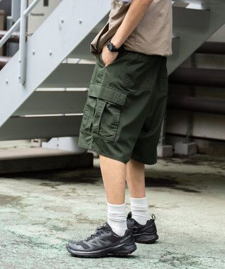 WEGO 【ウエストゴム/手洗い可】ワイドカーゴショーツ カーキ