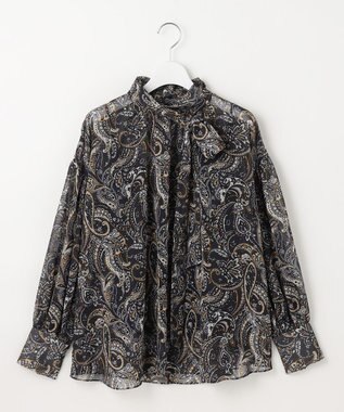 自由区 ペイズリープリントボウタイ ブラウス ネイビー