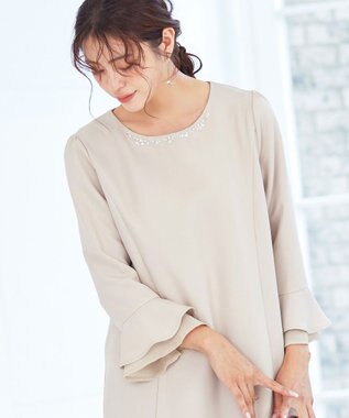 Tiaclasse 【洗える】ビジュー付きフレア袖チュニックブラウス ベージュ