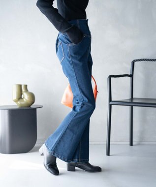 WEGO ハイウエストストレッチデニムフレアパンツ デニム濃色