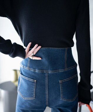 WEGO ハイウエストストレッチデニムフレアパンツ デニム濃色