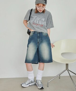 WEGO 【SMサイズ展開】ヴィンテージウォッシュデニムハーフパンツ デニム中濃色