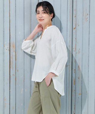 ANY L 【手洗い可能】ヨーロピアンリネンスキッパーネックブラウス オフ