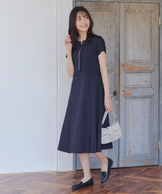 Tiaclasse 【小倉優子さん着用・洗える】フラップ付きミディアム丈フレアワンピース ネイビー