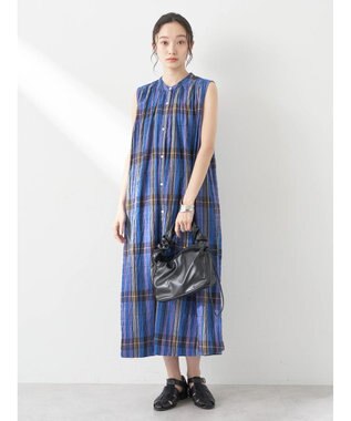 earth music&ecology 綿ＰＵクレープワンピース（ｃｈｅｃｋ柄） Blue