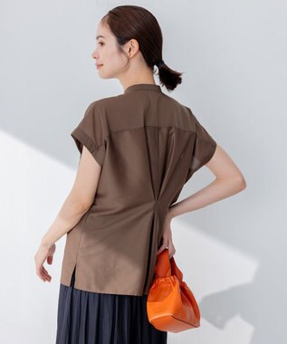 組曲 【洗える・涼感】シアーボイルバンドカラー ブラウス ダークブラウン系