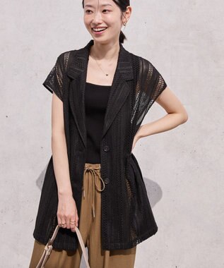 AMERICAN HOLIC 幾何学レースウエストドロストジャケット Black