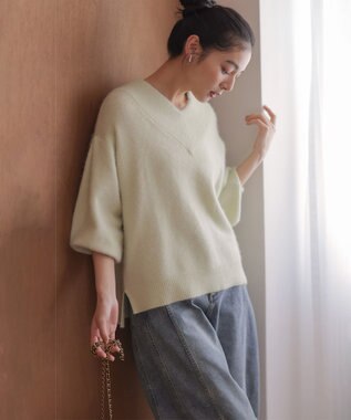 組曲 S フラッフィーファーＶネック ニット ライムイエロー系